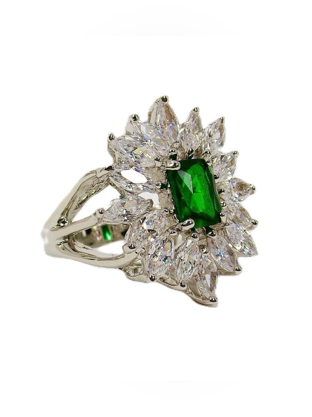 Green rectangle cubic zirconia stone ring, clear marquise stones around Size 8